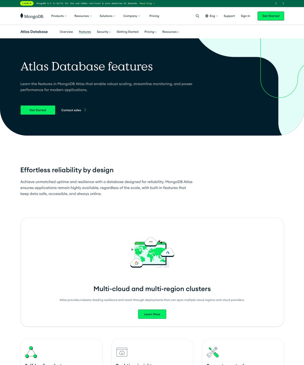 MongoDB Atlas Database Features subpage, carrying the reliability, security, and performance detail an evaluator needs, moved off the overview page.