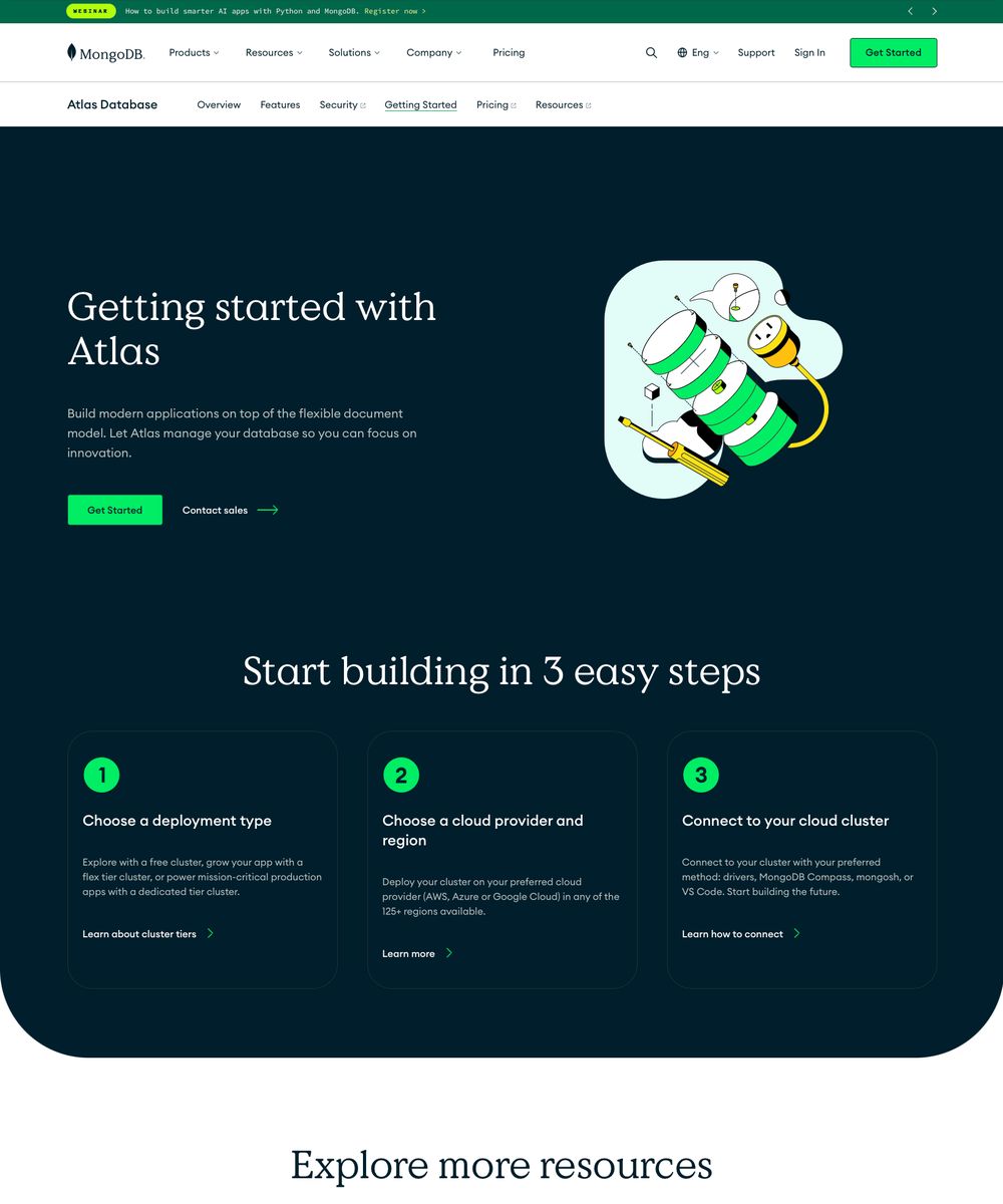 MongoDB Atlas Database Getting Started subpage: three steps from choosing a deployment type to connecting to a first cluster.