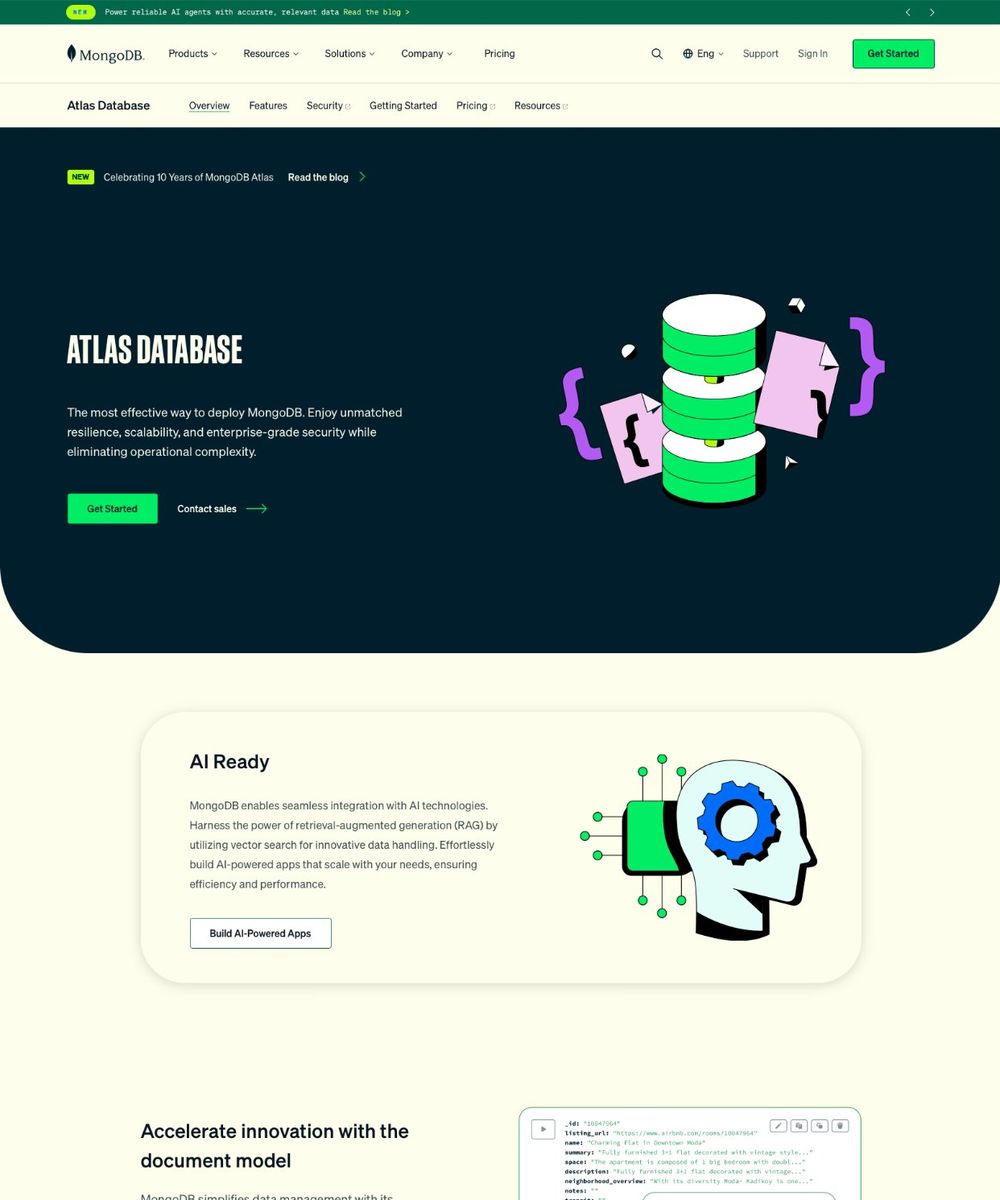 MongoDB Atlas Database overview page in October 2026, after the redesign, with a sub-navigation for Overview, Features, Security, Getting Started, Pricing, and Resources and Get Started as the primary action.