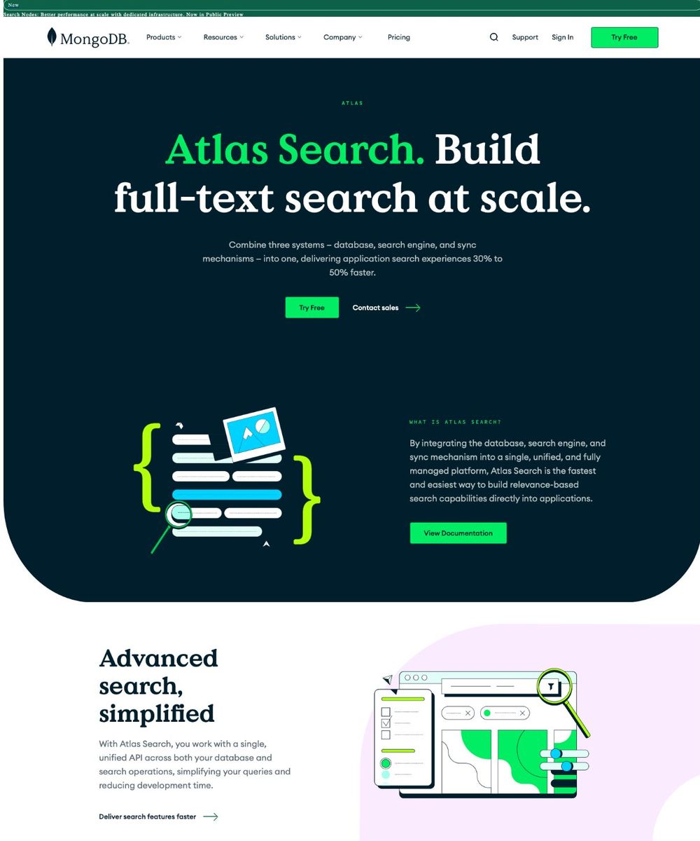 MongoDB Atlas Search product page in December 2024, before the redesign: a single page with Try Free and Contact sales in the hero.