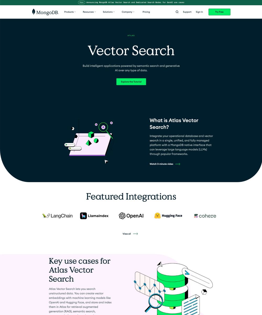 MongoDB Atlas Vector Search product page in December 2024, during public preview, before the redesign: a single page built around a tutorial link.