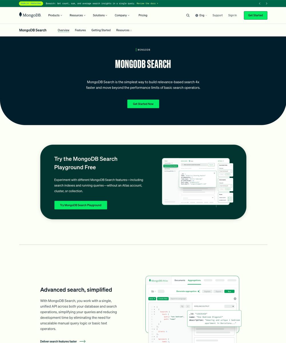 MongoDB Search overview page in October 2026, after the redesign, with a sub-navigation and a single Get Started Now action into the product for existing Atlas users.
