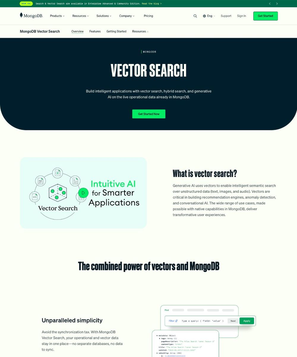 MongoDB Vector Search overview page in October 2026, using the same sub-navigation and template as MongoDB Search.