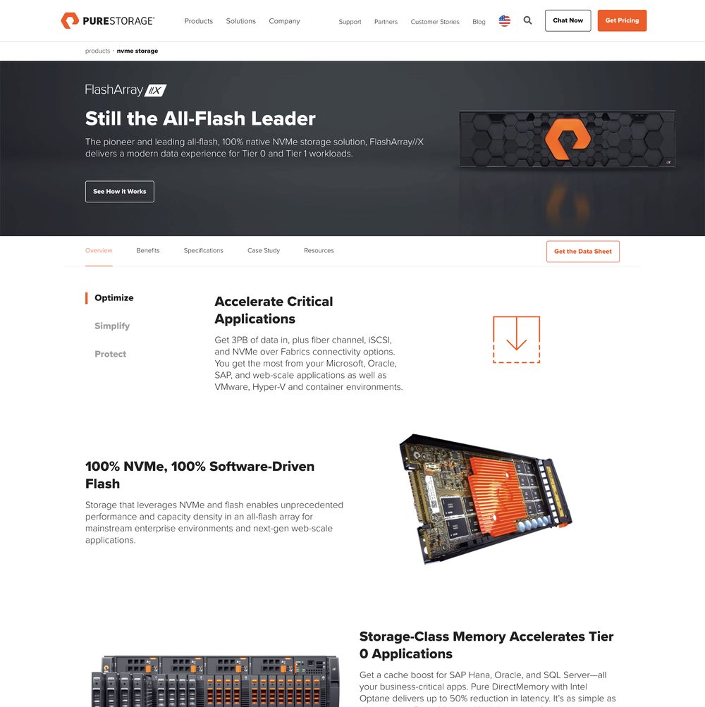Pure Storage FlashArray//X product page in early 2020 on the new template: a hero reading Still the All-Flash Leader, a secondary navigation for Overview, Benefits, Specifications, Case Study, and Resources, and benefit sections below.