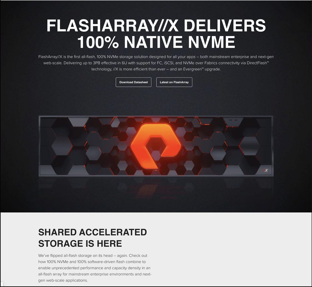 Pure Storage FlashArray//X product page in early 2019, before the template migration: a dark full-width hero reading FlashArray//X delivers 100% native NVMe, followed by stacked full-width feature sections.