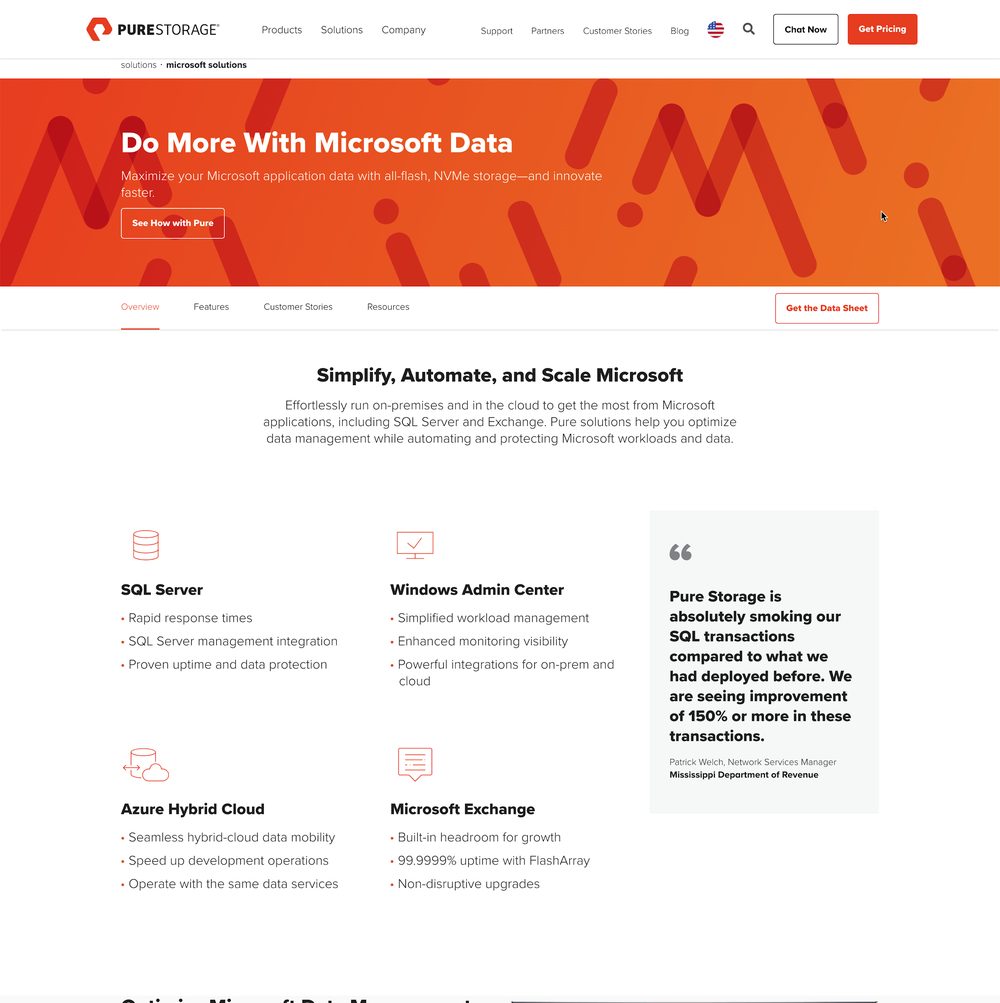 Pure Storage Microsoft solutions page in early 2020 on the new template: a hero reading Do More With Microsoft Data, a secondary navigation, and a grid of four Microsoft workloads beside a customer quote.